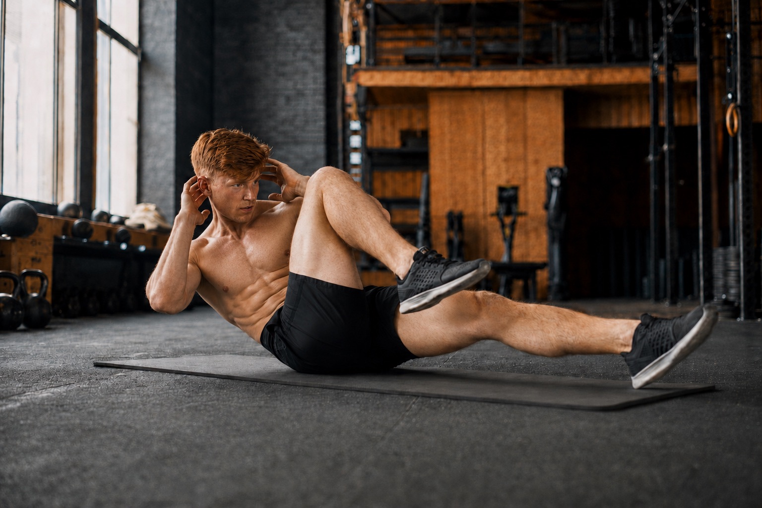 Bicycle crunch on a gym mat