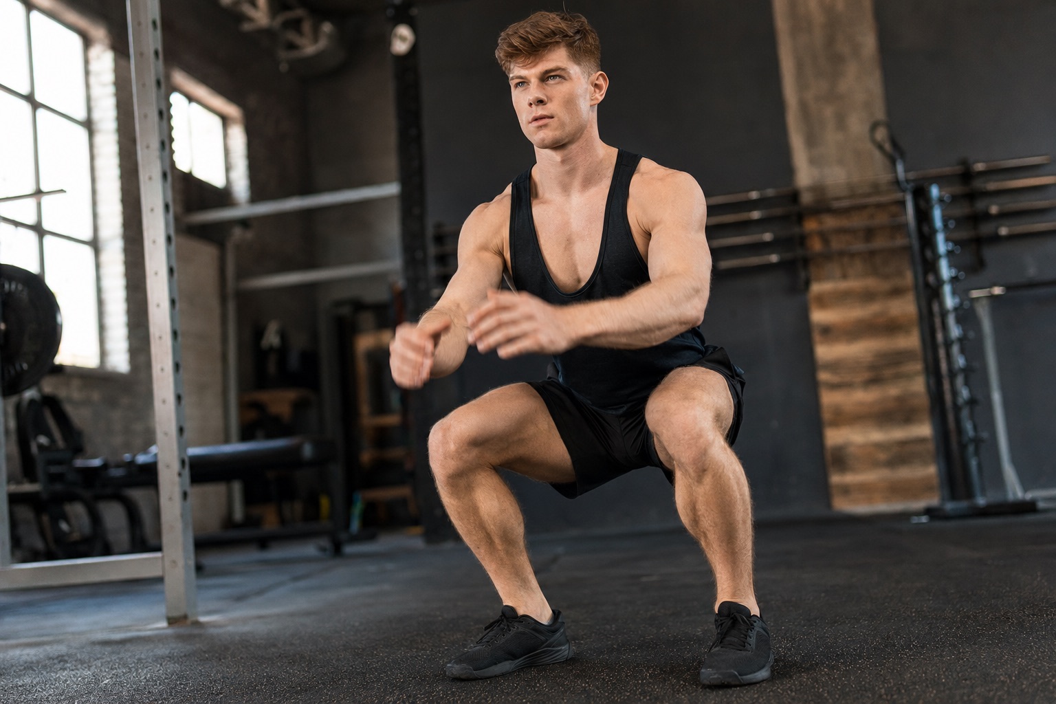 Bodyweight squat in the gym