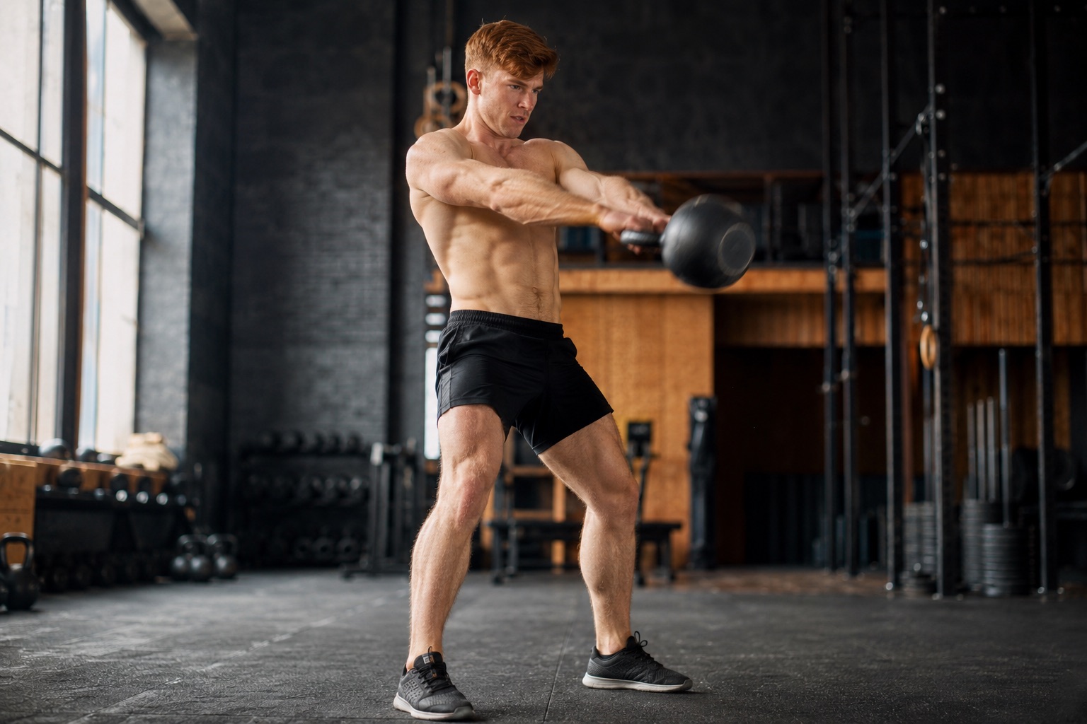 Kettlebell swing mid-set in the gym